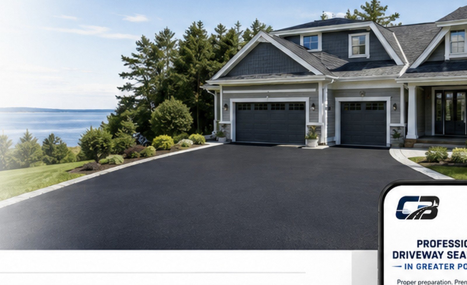 Illustrative residential asphalt driveway in a coastal Maine setting